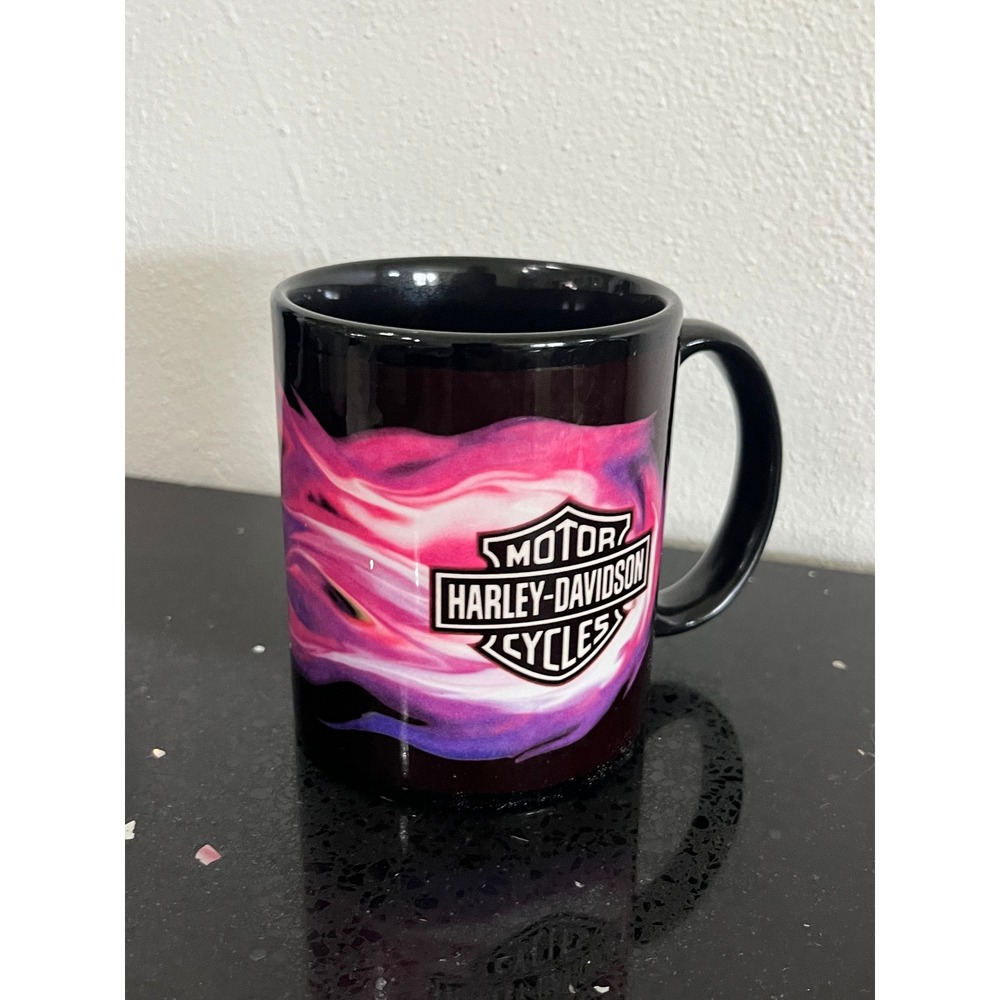 Harley-Davidson Coffee Mug Pink Purple Flames Bar & Shield Logo Black Ceramic